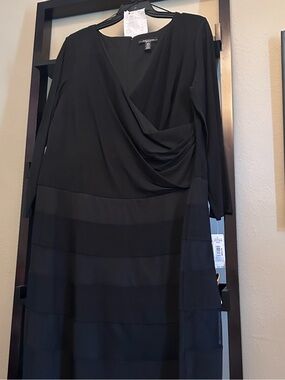 R&M Richards Black Draped Waist Panel Long Sleeve Dress